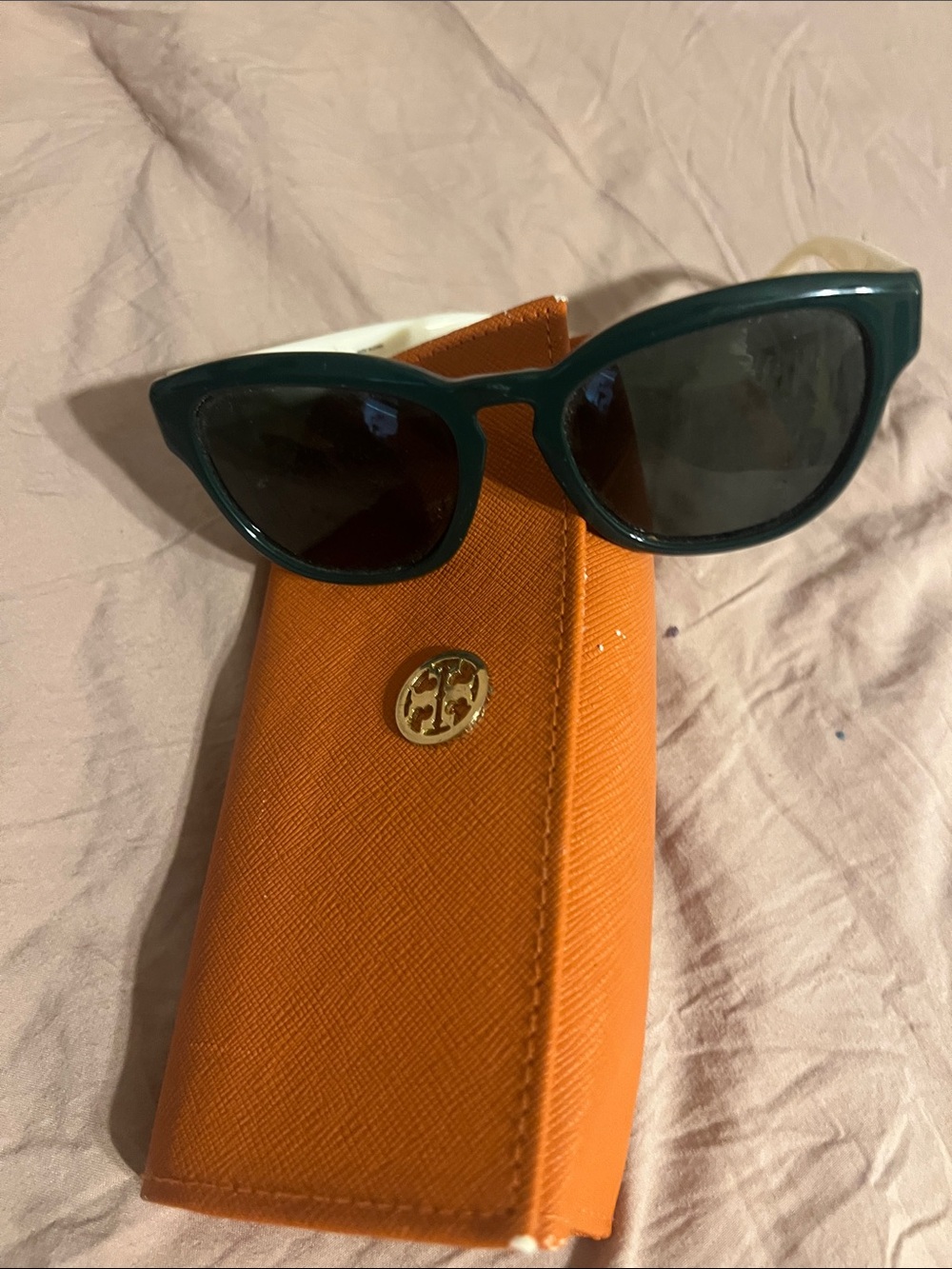 Tory Burch Dark Green Cat-Eye Sunglasses with White Temples